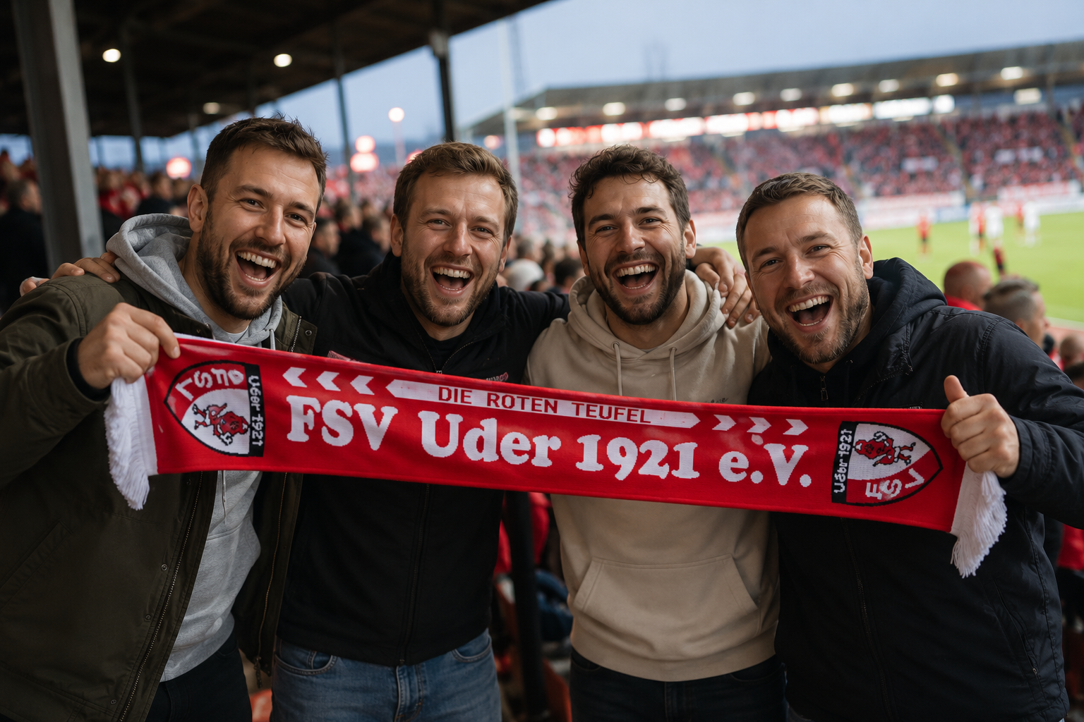 Fangruppe aus Männern mit einem Schal des FSV Uder