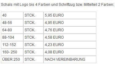 Preisbeispiel Fanschals mit Logo Preisbeispieltabelle für Fanschals