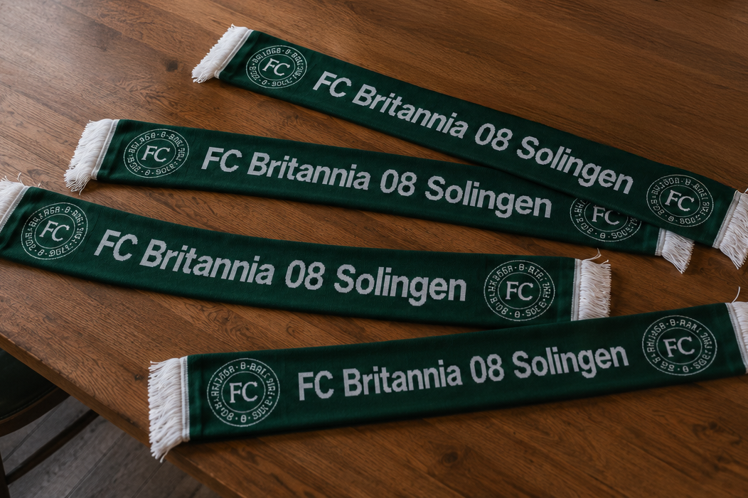 Fanschals für den FC Britannia auf einem Tisch ausgelegt
