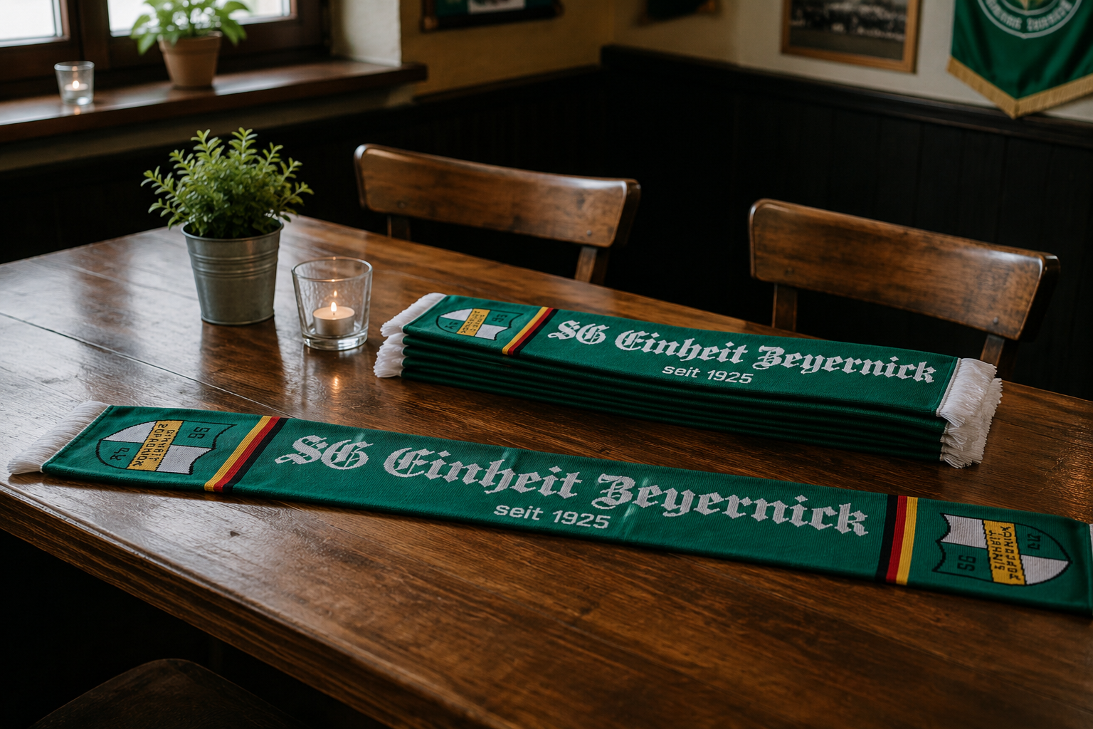 Schals für SG Einheit Beyernick auf einem Tisch ausgelegt